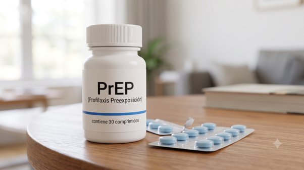 Frasco de PrEP junto a un blister de comprimidos